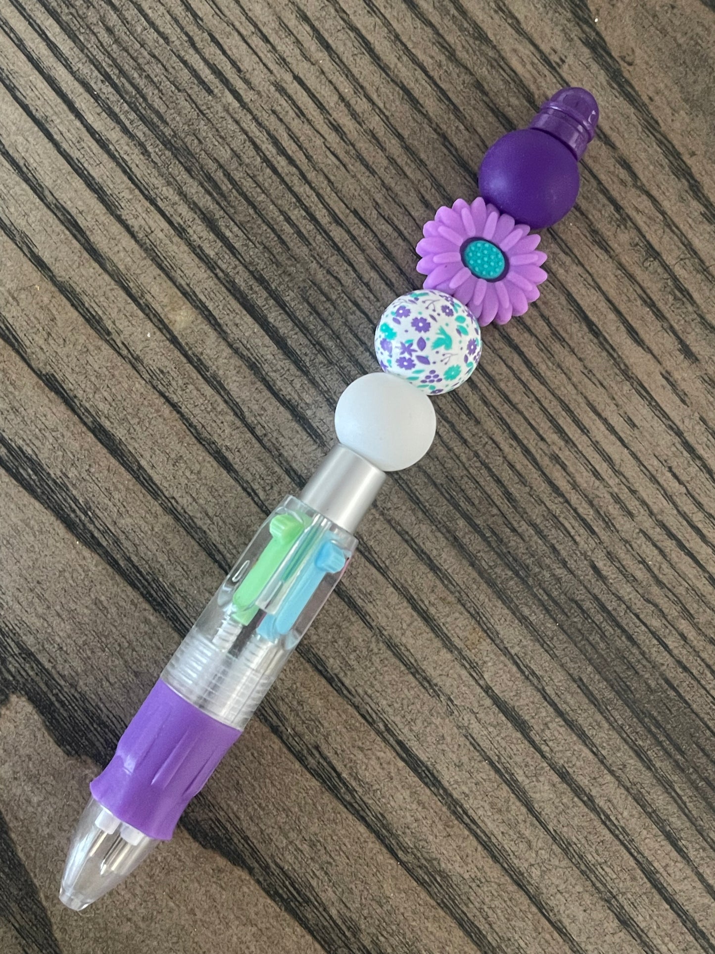 Purple Flower Floral Silicon Bead Pen - 4 color pen